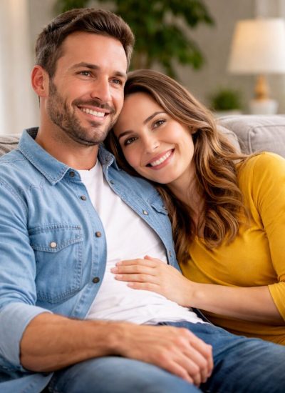 A happy couple relaxing comfortably indoors